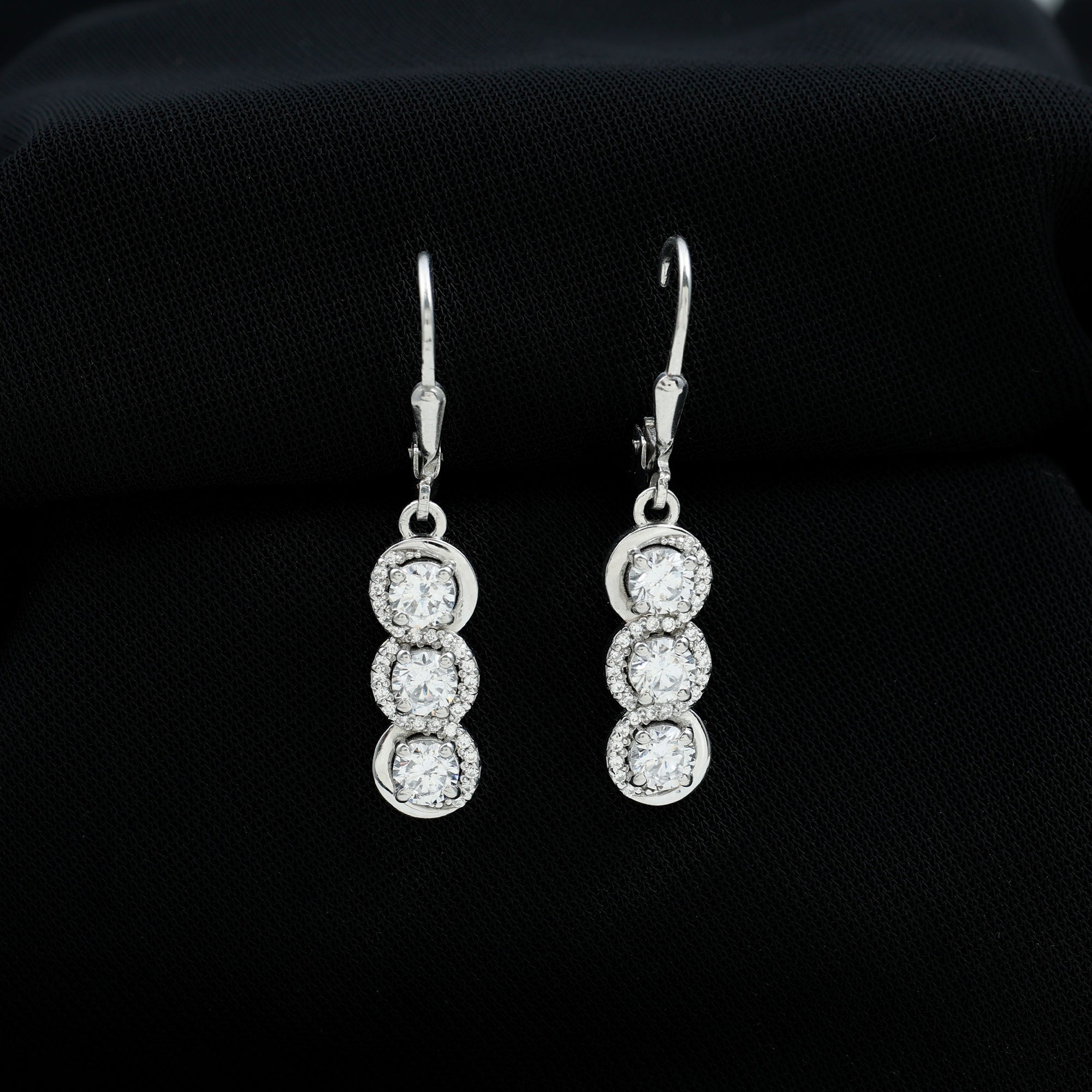 Sparkanite Jewels-Round Moissanite Three Stone Dangle Earrings with Lever Back