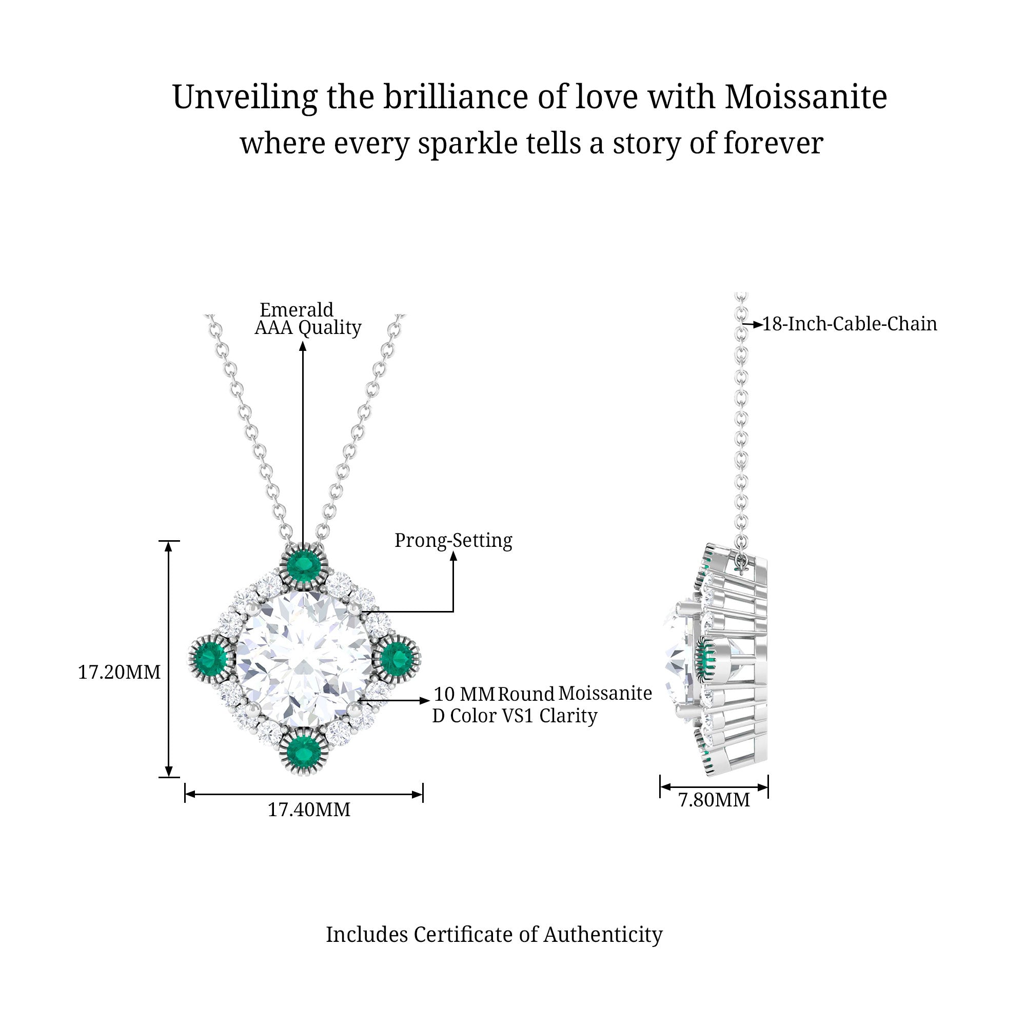 Vintage Inspired Pendant with Moissanite and Emerald D-VS1 10 MM - Sparkanite Jewels