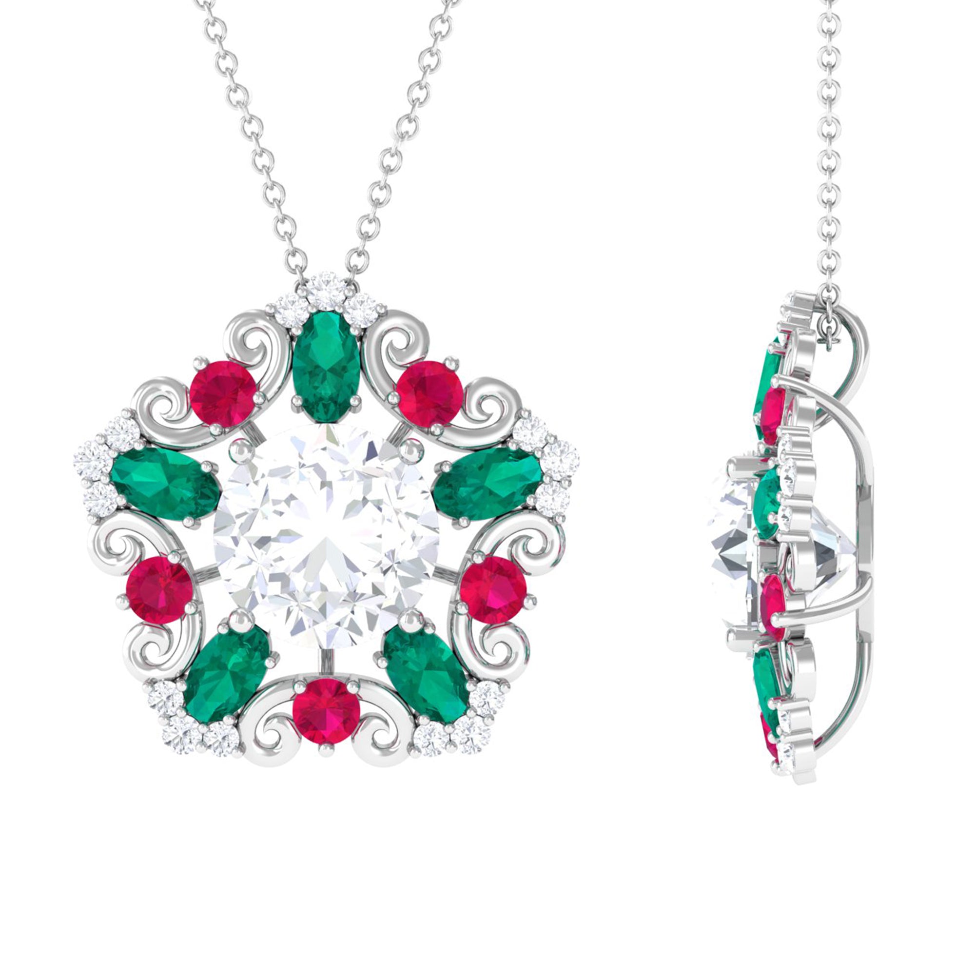 Certified Moissanite Floral Inspired Pendant with Emerald and Ruby D-VS1 10 MM - Sparkanite Jewels