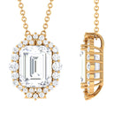 Colorless Emerald Cut Moissanite Statement Halo Pendant Necklace D-VS1 7X9 MM - Sparkanite Jewels