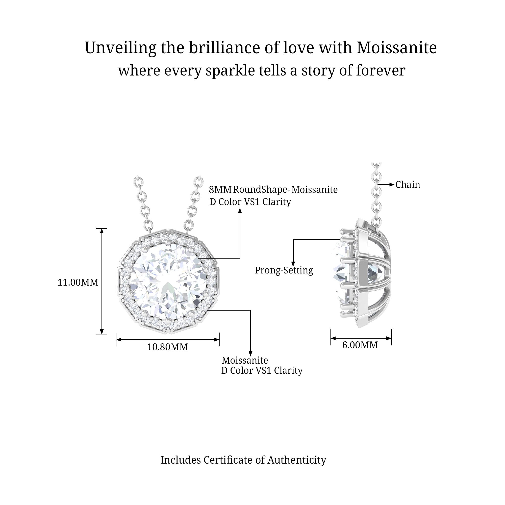 Round Moissanite Cocktail Halo Pendant D-VS1 8 MM - Sparkanite Jewels