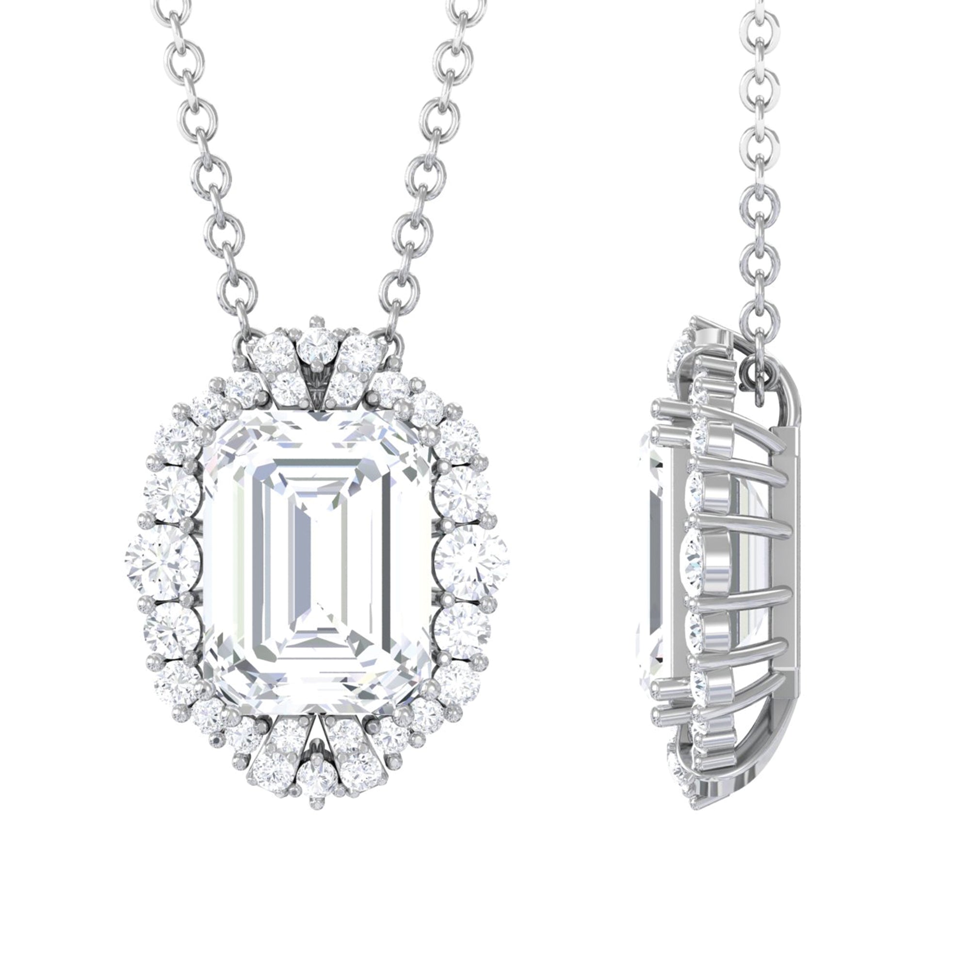 Colorless Emerald Cut Moissanite Statement Halo Pendant Necklace D-VS1 6X8 MM - Sparkanite Jewels