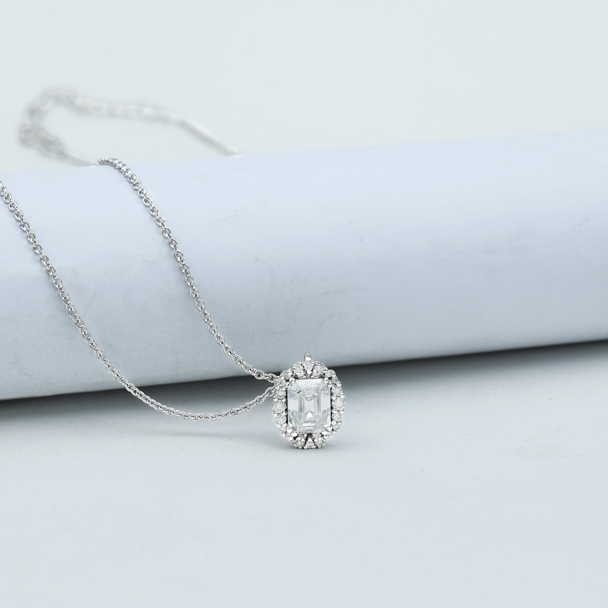 Colorless Emerald Cut Moissanite Statement Halo Pendant Necklace D-VS1 6X8 MM - Sparkanite Jewels