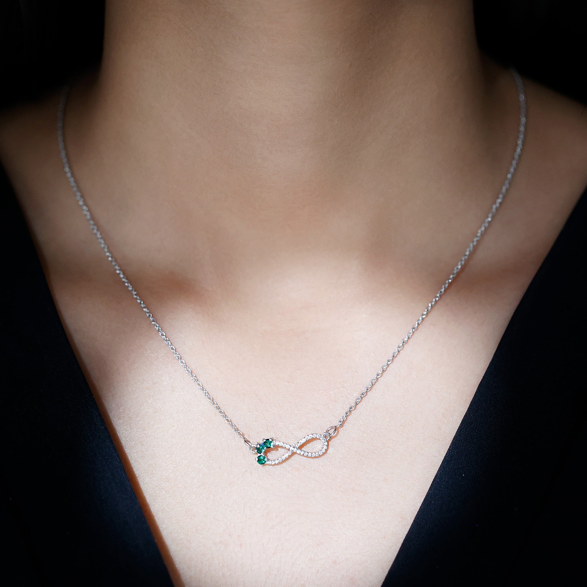 Sparkanite Jewels-Moissanite Infinity Silver Necklace with Lab Created Emerald