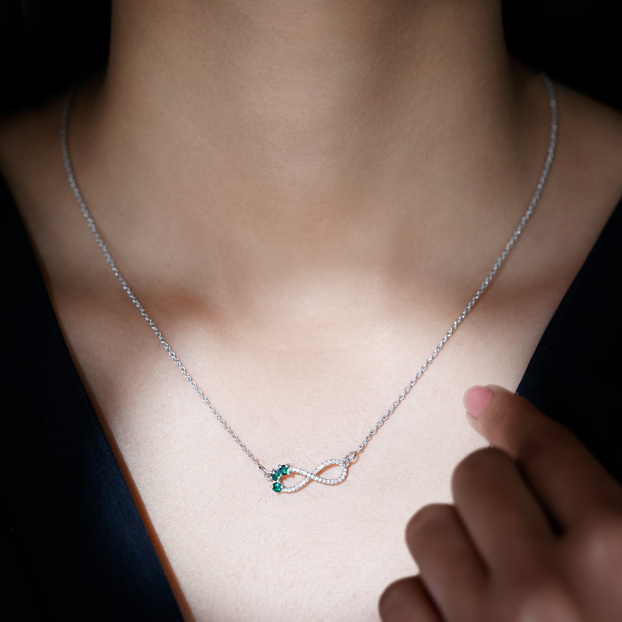 Sparkanite Jewels-Moissanite Infinity Silver Necklace with Lab Created Emerald