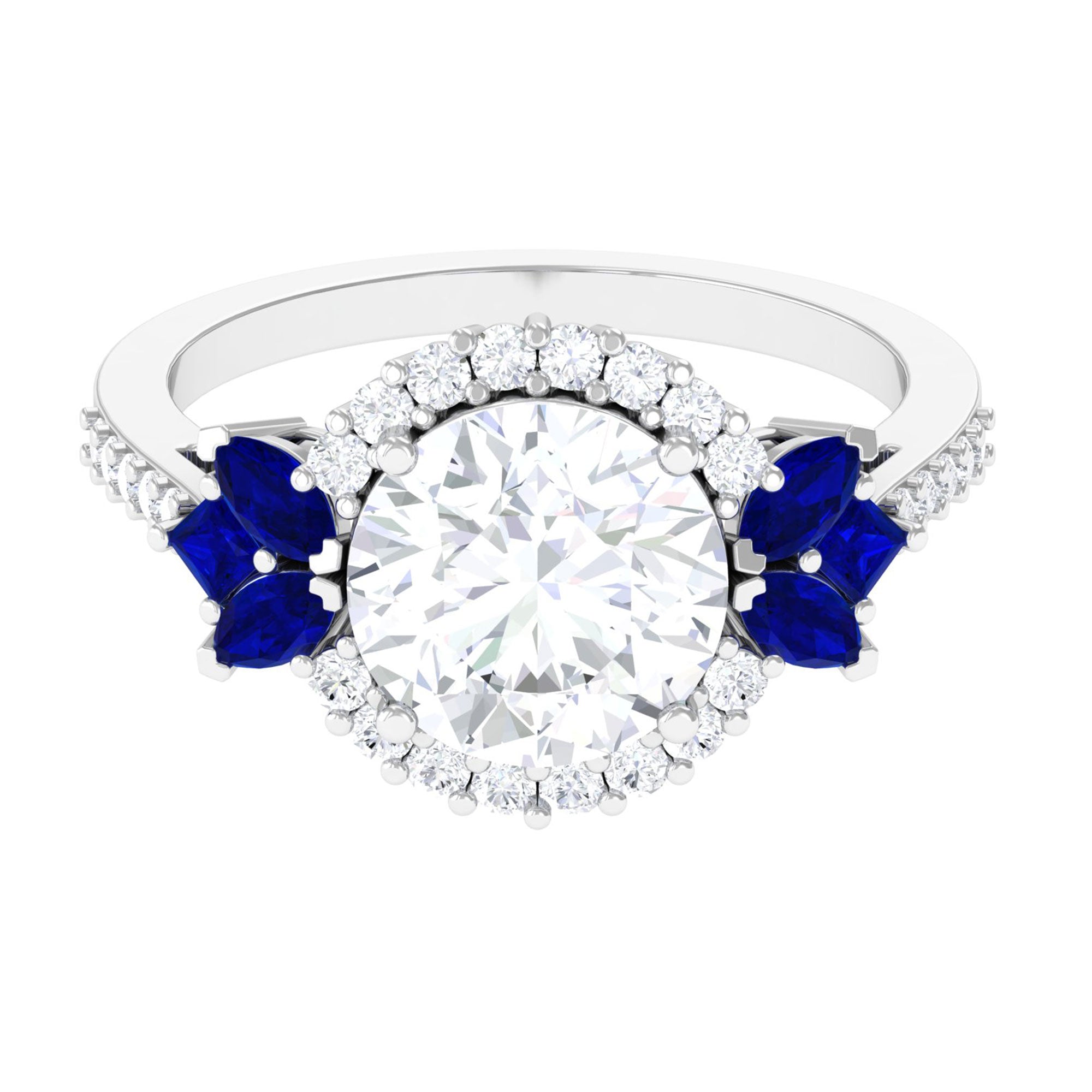 Sparkanite Jewels-Statement Moissanite Halo Engagement Ring with Sapphire