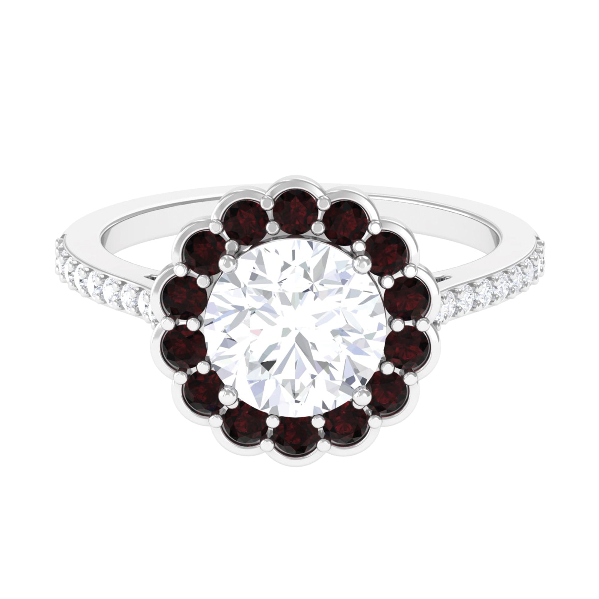 Sparkanite Jewels-Certified Moissanite Cocktail Halo Ring with Garnet