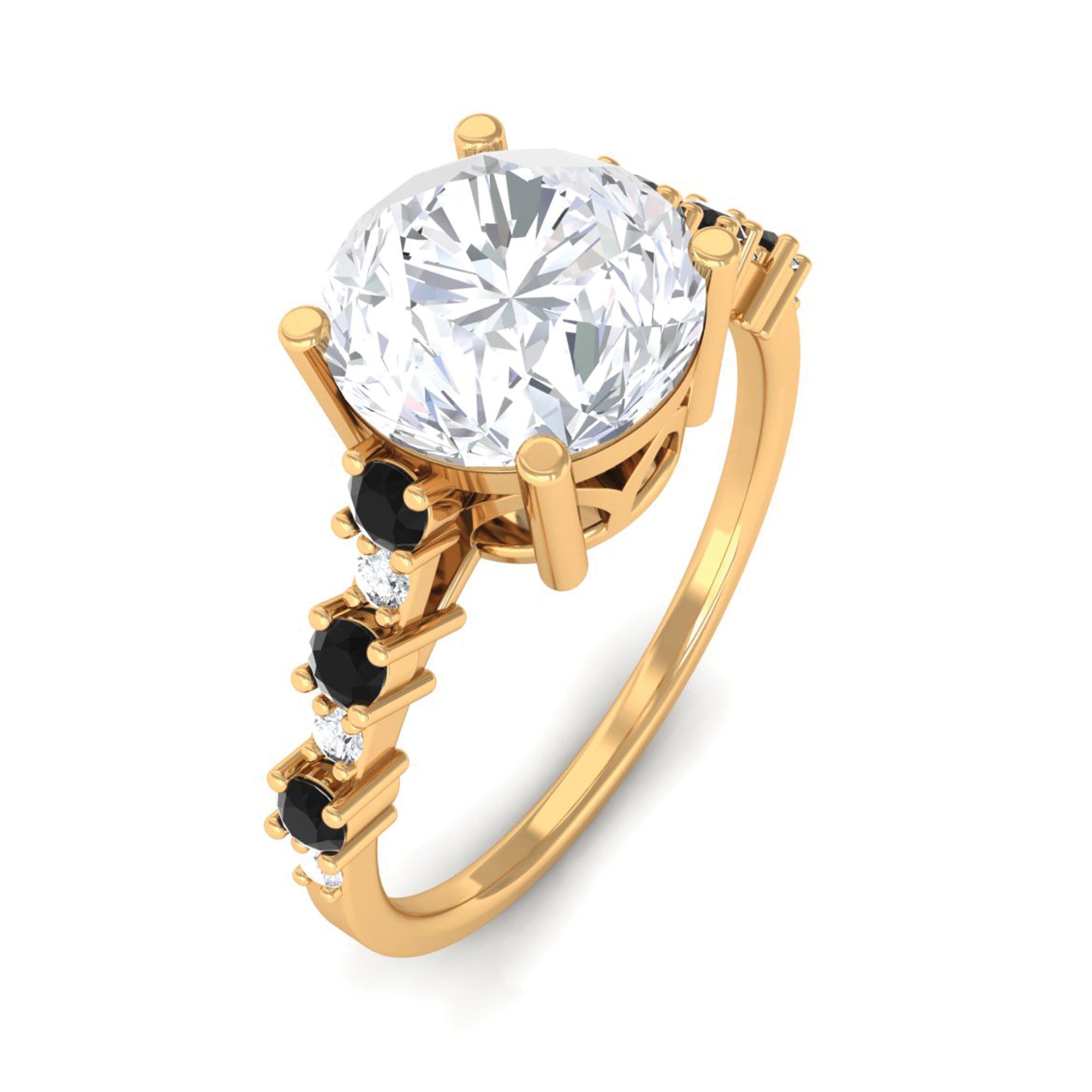 Sparkanite Jewels-Solitaire Moissanite Engagement Ring with Black Diamond Side Stones