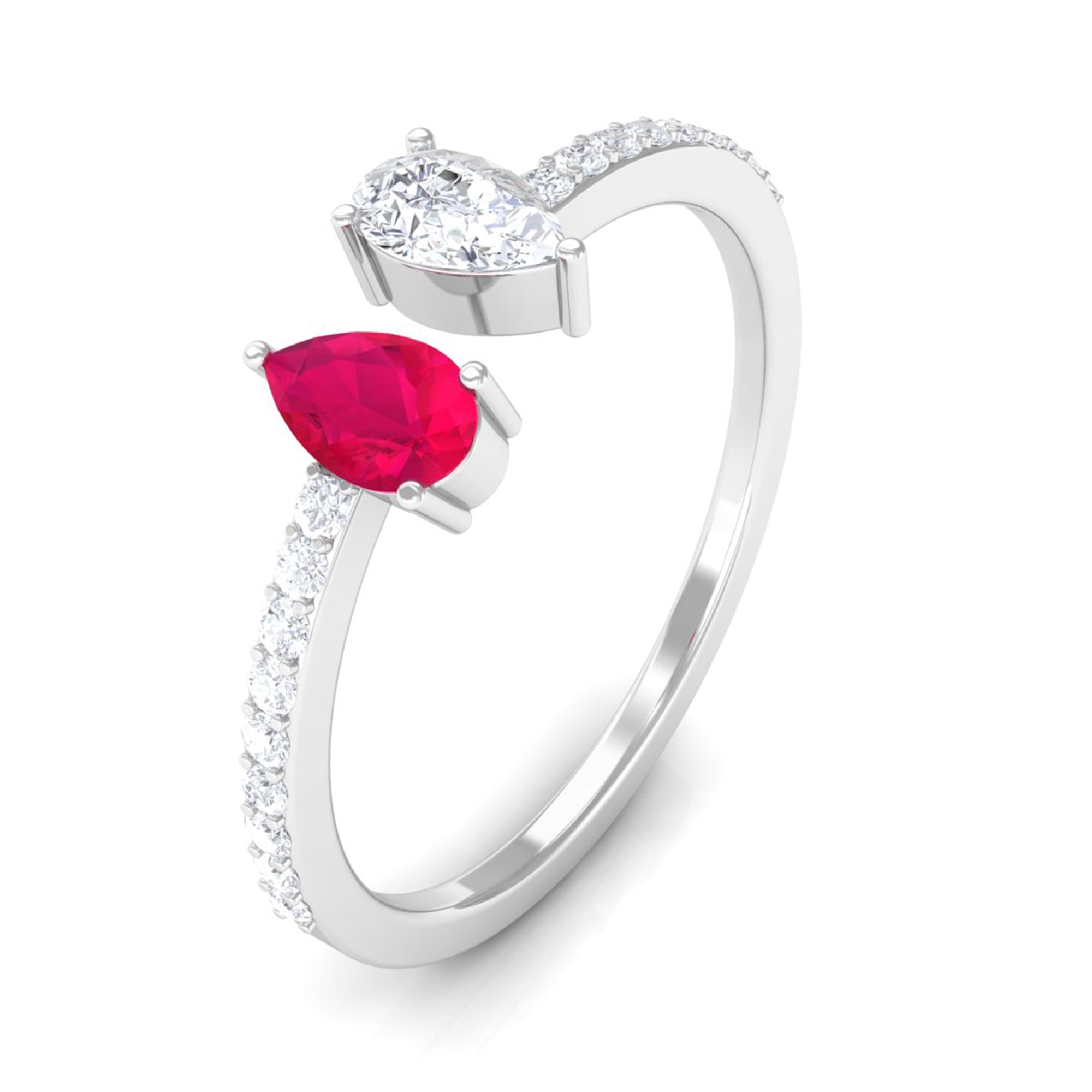 Sparkanite Jewels-Minimal Pear Shape Moissanite and Ruby Two Stone Cuff Ring