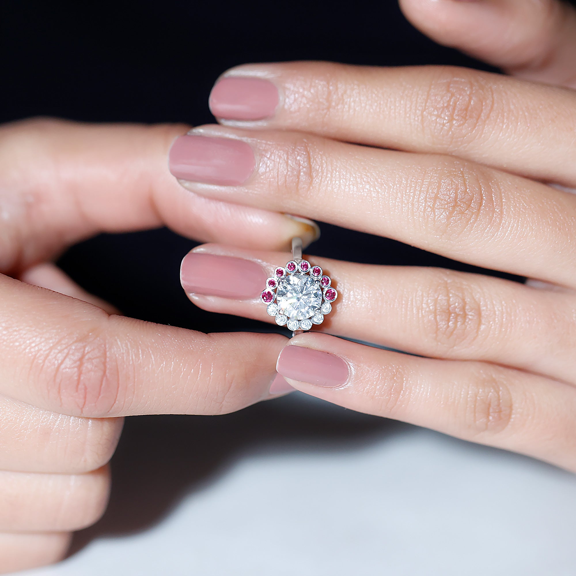 Sparkanite Jewels-Moissanite Cocktail Halo Ring with Lab Created Ruby