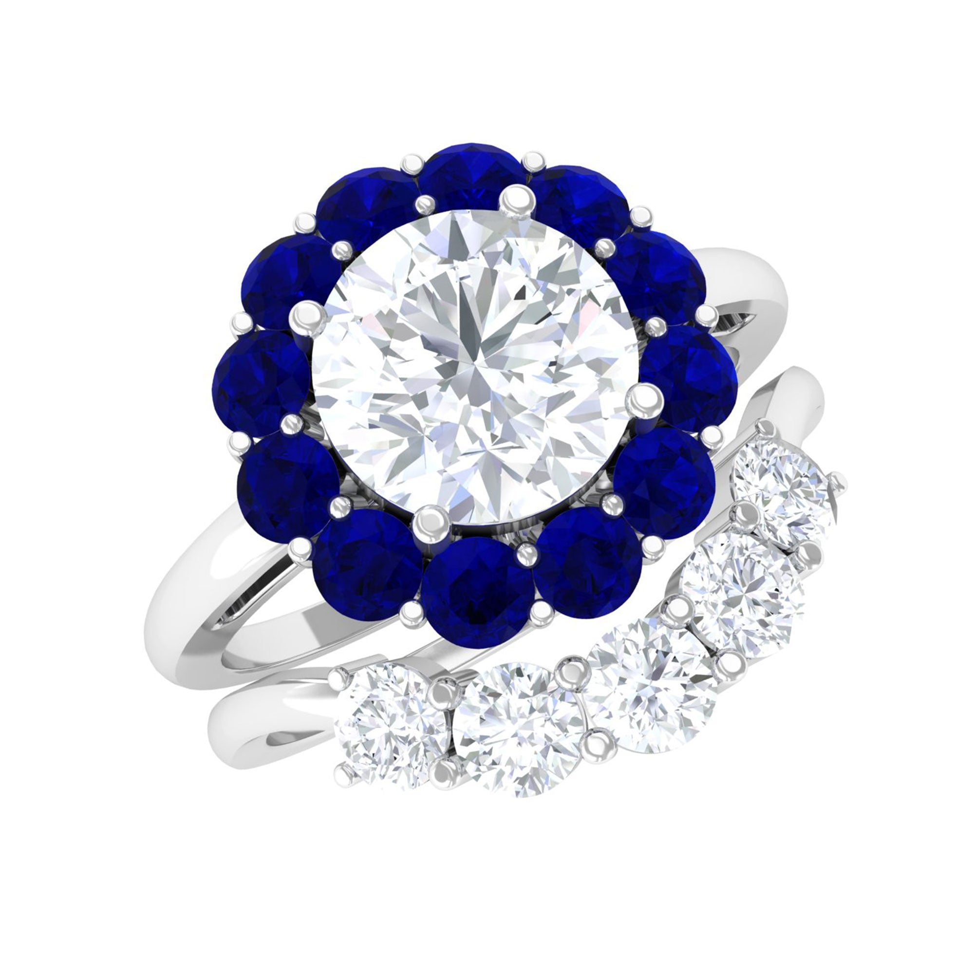 Sparkanite Jewels-Designer Moissanite Bridal Ring Set with Blue Sapphire Halo